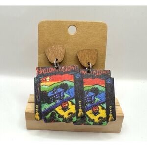Halloween Town Wood Earrings, featuring a festive, colorful design